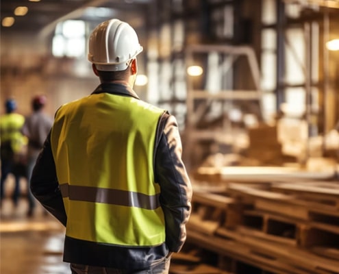 Construction worker wearing a white hard hat and yellow high-visibility vest inside an industrial workplace.