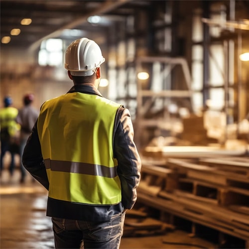 Construction worker wearing a white hard hat and yellow high-visibility vest inside an industrial workplace.
