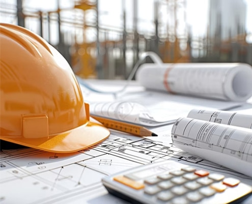 Orange hard hat, construction plans, pencil and calculator on a building site.