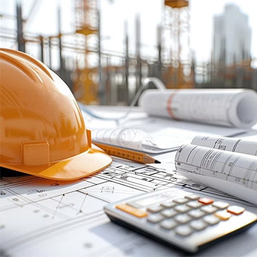Orange hard hat, construction plans, pencil and calculator on a building site.