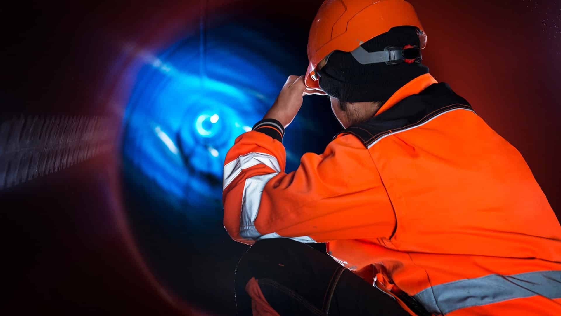 Courses > Confined Spaces > Header > Background Worker in high-visibility clothing and a hard hat inspecting the inside of a confined industrial space with a head torch.