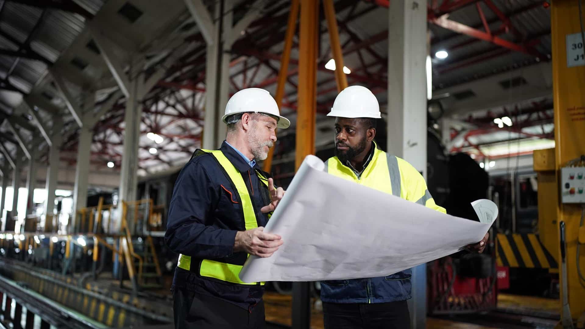 Courses > IOSH > Header > Background Two construction professionals wearing hard hats and high-visibility vests reviewing plans inside an industrial facility.