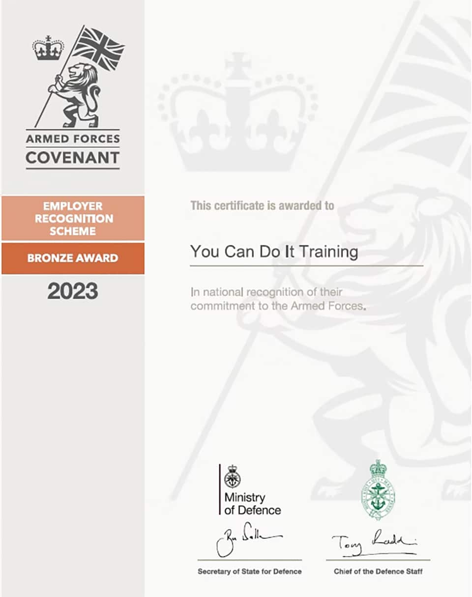 Resources > Armed Forces Covenant > Image 1 Armed Forces Covenant Employer Recognition Scheme Bronze Award certificate presented to You Can Do It Training in 2023.