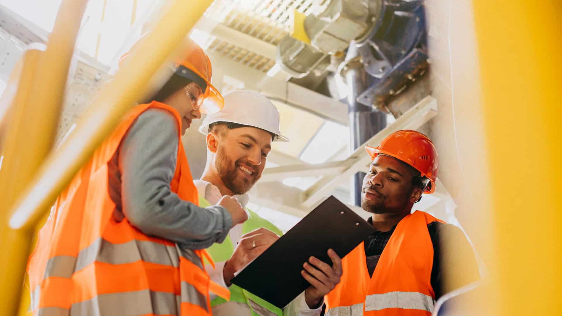 Services > Health and Safety Consultancy > Header > Background Three construction workers wearing hard hats and high-visibility vests reviewing a clipboard at an industrial site.